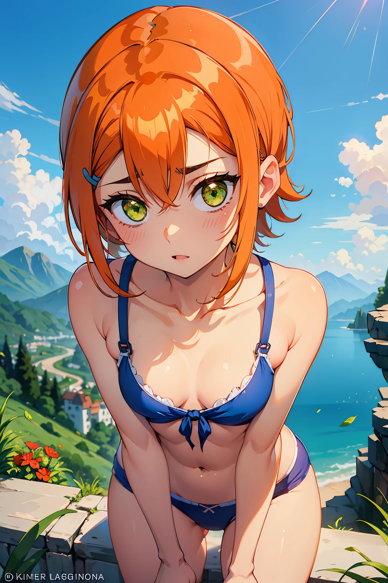 A horizontal action shot of a red-haired girl with green eyes lying on a beach towel, in a magical film. The beach is a fantastical place with gentle waves, lush greenery, and whimsical creatures. The girl is nude. Her hair is loosely braided, and she has a serene, gentle expression. The outfit blends seamlessly into the animated environment. The sky features soft, pastel colors and fluffy clouds, creating a serene, dreamlike atmosphere. The overall effect is enchanting, filled with magic and wonder.