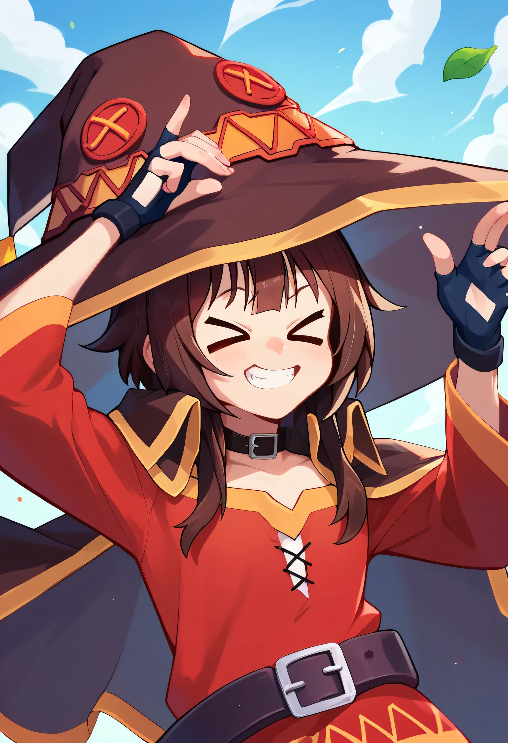 score_9, score_8_up, score_7_up,  closed smiling eyes, 1girl, megumin