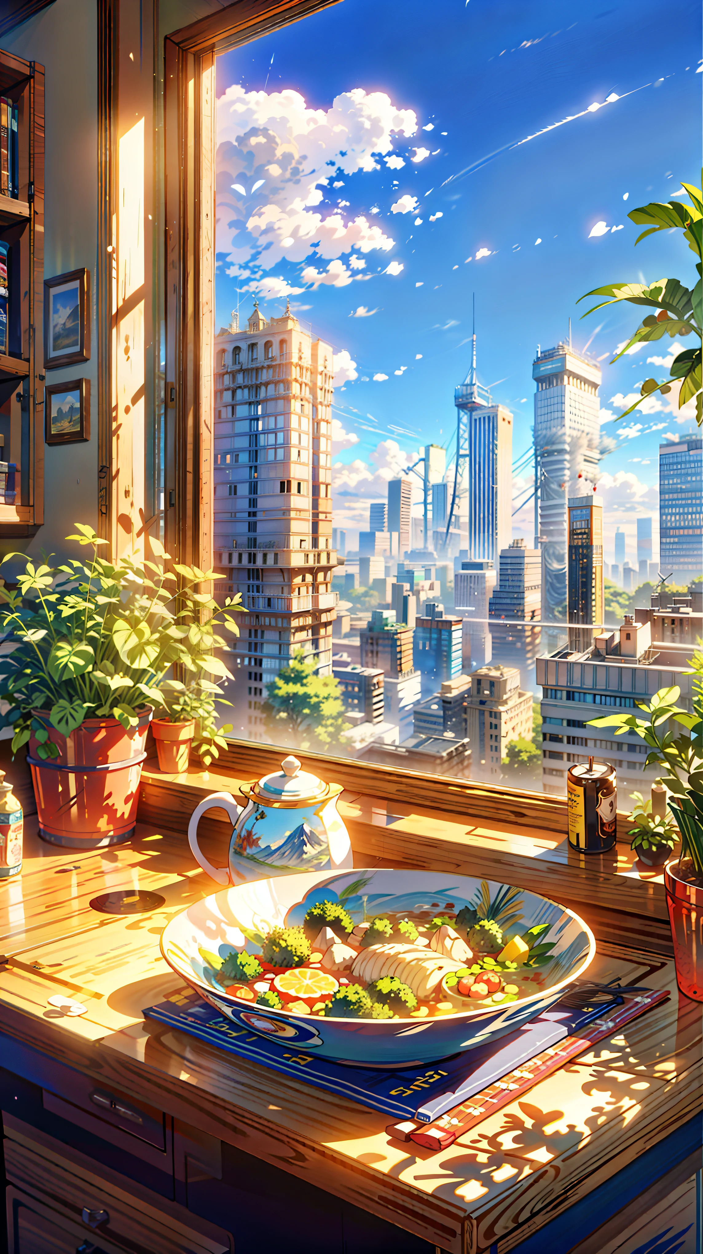 a painting of a bowl of food sitting on a counter in front of a window, hd anime cityscape, anime scenery, anime style cityscape, screenshot from a 2012s anime, cgsociety 9, anime scenery concept art, rio de janeiro in an anime film, still from anime, anime landscape, clean anime art, anime atmospheric, smooth anime cg art, anime background art, anime aesthetic, anime. by makoto shinkai, hd anime cityscape, anime scenery concept art, anime scenery, style of makoto shinkai, makoto shinkai art style, anime. by makoto shinkai, by Makoto Shinkai, by makoto shinkai, anime scenery, kyoto animation, 4k hd,, beautiful art uhd 4 k, a beautiful artwork illustration, beautiful digital painting, highly detailed digital painting, beautiful digital artwork, detailed painting 4 k, very detailed digital painting, rich picturesque colors, gorgeous digital painting, saturated, no human