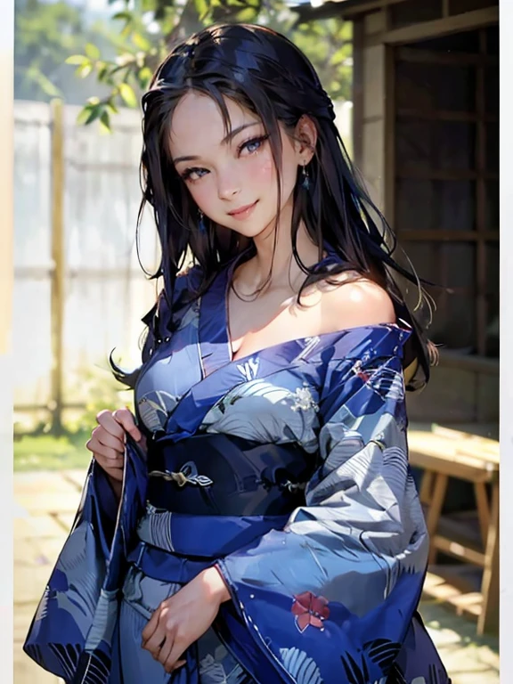 obra maestra, sexy mostrando lenceria(kimono azul), cara seductora, buena iluminacion, escote, detalles finos, obra maestra, ojos brillantes, 1 chica, cabello negro, mordaza, bamboo, Nezuko Kamado, fondo de glicinias, obra maestra, mejor calidad, Punto de vista, cuerpo entero, caderas anchas,
