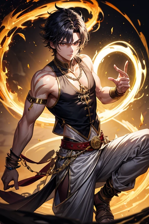 Li Shang, 20 years old, short dark golden black hair, short messy hair, dark black eyes, djinn clothing, light gray sleeveless open vest, light silver vest with golden Arabic print, light silver Arabic pants, golden belt , djinn bracelet with silver gems, brown boots, phosphorescent red tattoos, surrounded by fire and yellow smoke, delegate muscular build, hands tied with chains and feet surrounded by white chains, golden magic circles on each hand on a background of ruins Arabs.