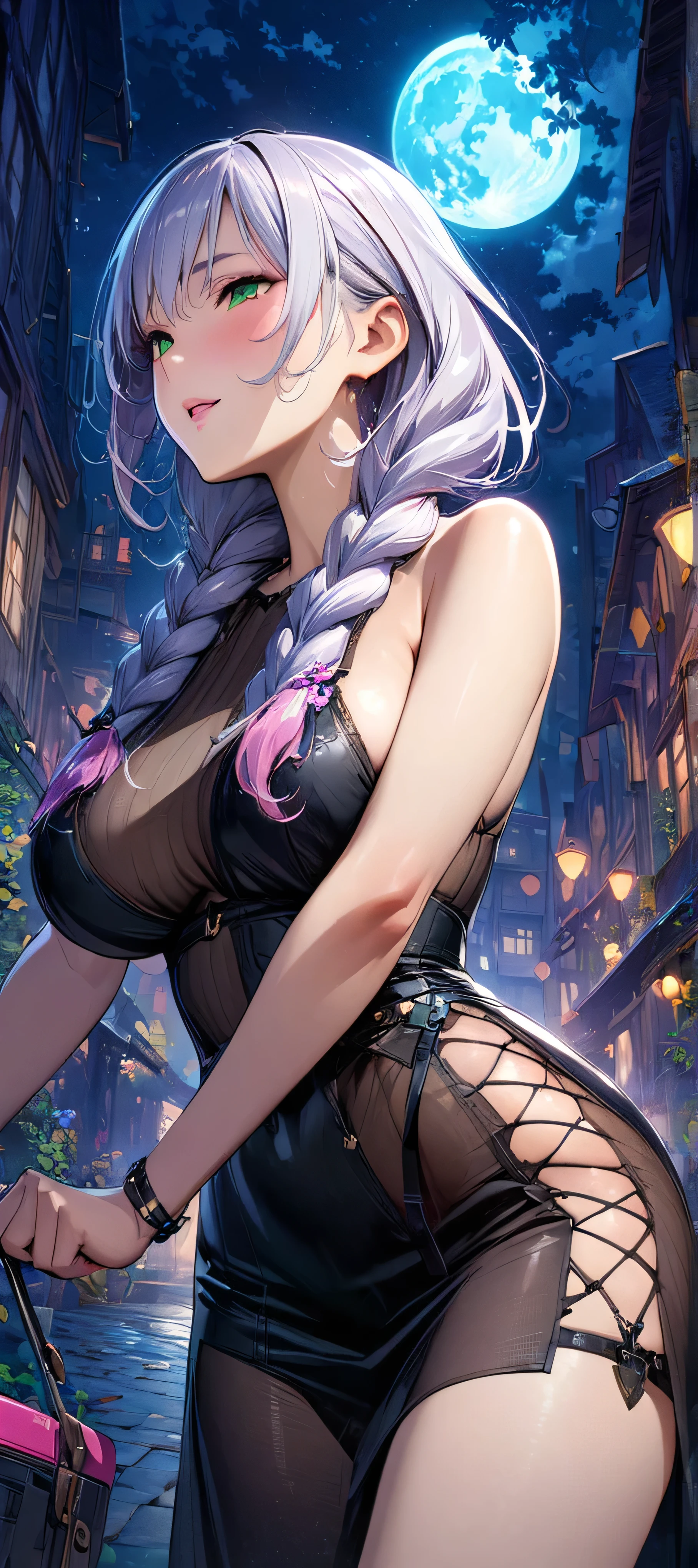 (masutepiece, of the highest quality, Best Quality, Official art, Beautiful and aesthetic:1.2), Extremely detailed,(Colorful:1.1),highest details, one arafed woman with braids white hair and pink tips and green eyes,nylon dress, big breast, sfw, night, blue moon