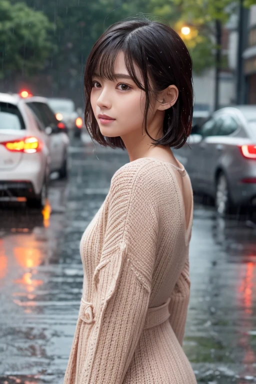 ((highest quality, 8k, masterpiece:1.3)), concentrated: 1.2, Perfect body beauty: 1.4, Hips: 1.2, ((Layered Haircut, chest: 1.2)), , (rain, street:1.3), Red knit dress: 1.1, Highly detailed face and skin texture, Delicate eyes, double eyelid, White skin, ショートボブ rain-soaked Hair Back view Look back at your face