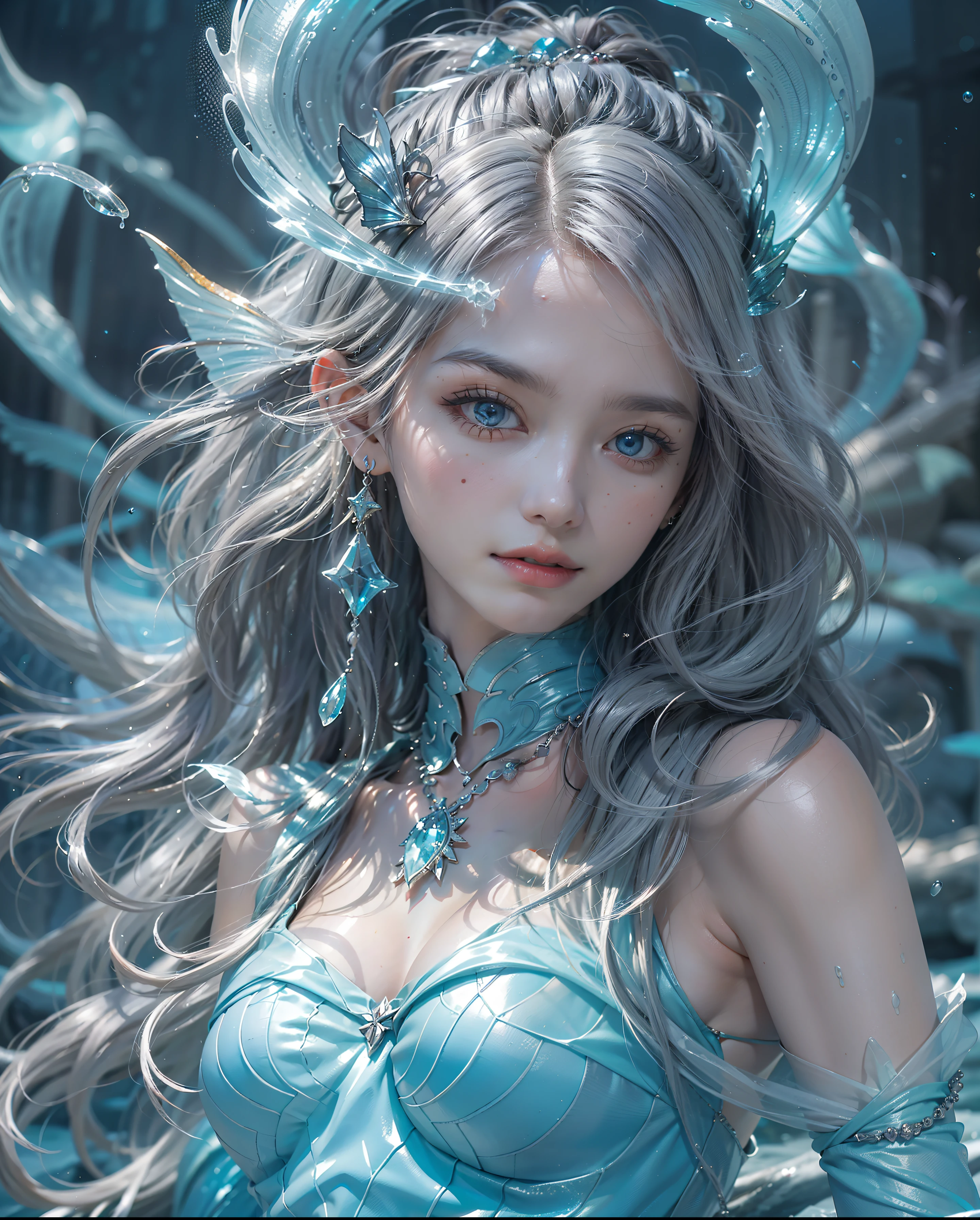 (number々Award-winning masterpieces of, with incredible detail, textures and maximum detail), (Hyper realistic:1.4), (Realistic:1.3),Finish as shown in the photo (Top quality real texture skins), (((in water))), (((Deep sea))), (continental shelf), finerly detailed face, ((medieval world)), (full-length portrait:1.5), ((mermaid)), ((Mermaid Princess))(full-body view:1.5), (Brighten and burn your eyes like ice), (She has a mischievous smile on her face), (Eyes glowing blue in the dark:1.5), (A pair of ice blue eyes emitting a strong blue light from the inside:1.5), (full-body standing image), (bio luminescent:1.5), (Swirling water flow and background flow), (Dramatic light), (A majestic sight), (Her countenance is gentle and beautiful), Glass earrings on the ears, (dramatic photography:1.4), ((dramatic pose)), (flamboyant photo), (Silver and blue mesh hair:1.2),((Eyes are on the viewer)), (There is a beautiful necklace around her neck), (Bioluminescence with brilliant brilliance:1.3), (Use fancy ice magic:1.2), (Beautiful fish in the surroundings), Ancient submerged city, Aquatic monastery, Ruins of an underwater temple, (Luminous magic circle:1.5), Underwater ruins of an ancient castle, Shining majestic water and light, reefs, Epic Realistic, (teal and orange:0.4), (Art Station:1.5), ((Neutral colors)), (nffsw:1.5), (Muted colors:1.2), Hyper Detailed, Dramatic light, (Intricate details:1.1), Complex background,Breasts are small and B size、A slender、The chest is open、Mermaid from the waist down、The fins on the toes are large and beautiful、Surrounded by a lot of fish、