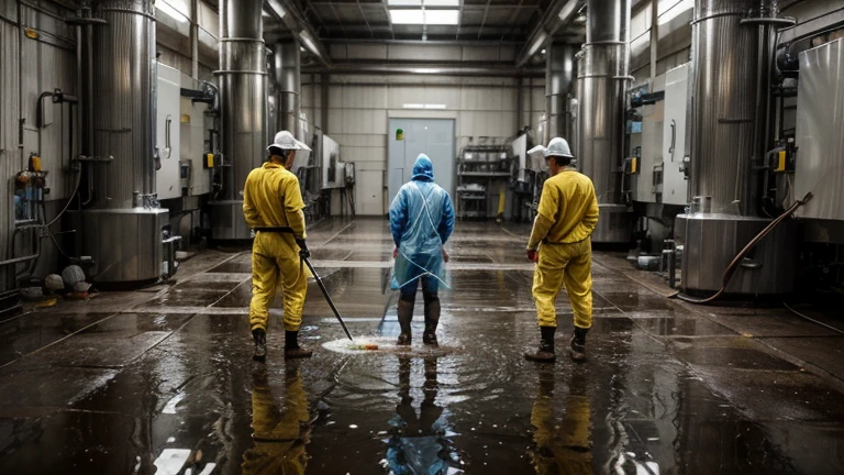 (Obra de arte, melhor qualidade, trends on Artstation, 8K), 3 homens da limpeza trabalhando em uma industria, in action cleaning, wearing a safe chemical cleaning uniform, EPI, which combines practicality and protection. Hold a chemical spray bottle in one hand. Behind them, industrial machines that reflect in the puddles you just cleaned. Ambiente rico, muitas maquinas, metal, vidro, Cores mais azuis. More industrial machines. Ambiente clean com cores claras.