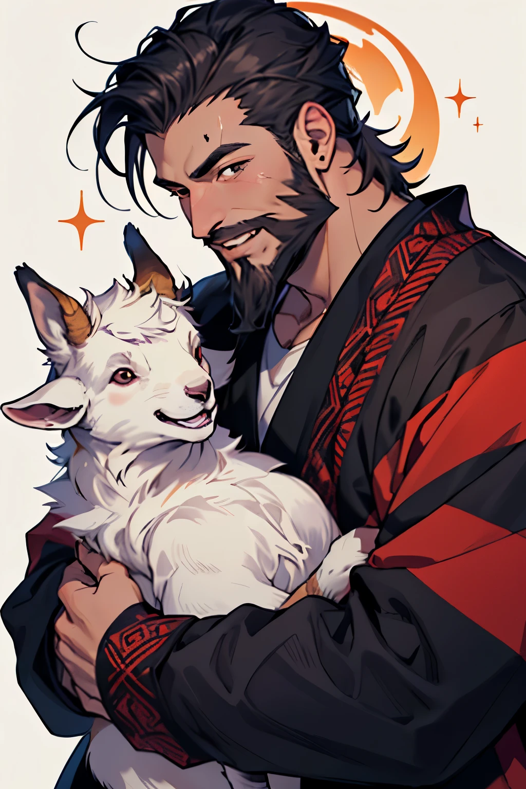 ((melhor qualidade)), ((Obra de arte)), (detalhado), rosto perfeito Demon red skin ((Magical creature with a beard)) , male, muscle, cute clothes, he is holding a cute little baby goat while he is smiling on a magical background.