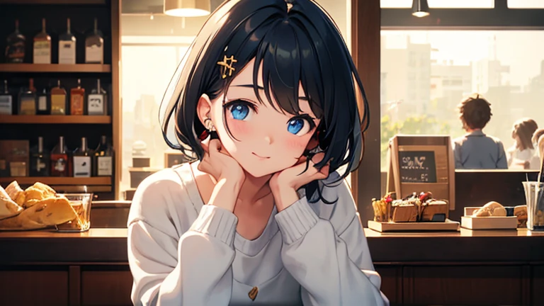 1girl, adult, dark blue hair, messy hair, medium size hair, light blue eyes, black shirt, black jeans, beige apron, working, bartender, waitress, making coffee, cafe bar, concentration, looking away, happy, cozy, chill, illustration, masterpiece, ghibli, perfection, high quality, converse shoes, behind the bar counter, doing her job, customers, sunny, black cross earrings, anime lofi, warm, gold temperature