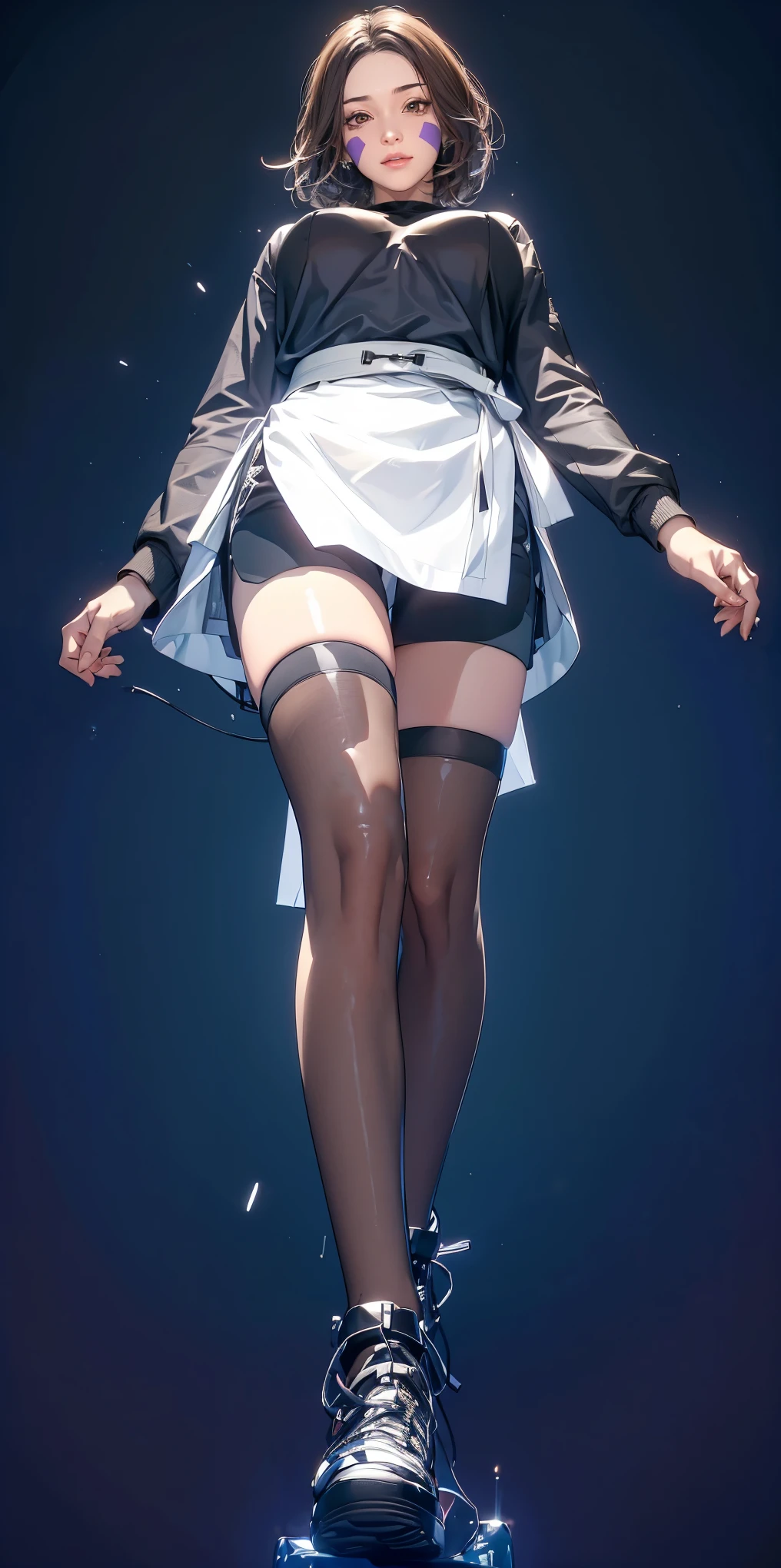 （（（完美figure，figure，solo， White and tender skin，（（（Cyberpunk，black shirt，bike shorts，long sleeves，waist apron，toeless footwear，black thighhighs））），（（（TsunadeLora,short hair，brown hair，facial mark，brown eyes，））），((masterpiece)),high resolution, ((Best quality at best))，masterpiece，quality，Best quality，（（（ Exquisite facial features，Looking at the audience,There is light in the eyes，(（（Smile，confidence））），型figure:1.7））），（（（Light and shadow，Huge breasts））），（（（Looking at the camera，black background，from below,full body,Fisheye lens,walking)）））