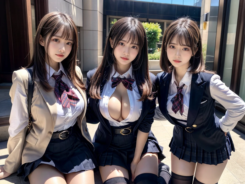 (8K, Raw photography, top-quality, masterpiece:1.2), master piece, best quality, illustration, Super detailed, fine details, High resolution, 8K,wall paper, perfect dynamic composition,(Details High quality, realistic depiction of eyes:1.3), ((2 girls, 2 schoolgirls)), The background is a luxury hotel room、High school girl uniform、blazer 、Super Short Check Uniform Skirt、Navy blue high socks、garterbelts、Colossal tits、Disturbed uniform, Play with each other,Touching each other's bodies,Touching the body of the girl next door, short bob hair, black hair color, huge breasts, Big Natural Color Lip, bold sexy pose, (perfect body shape), crying a little、cold gaze, Beautiful makeup,glitter makeup,Cutest 18 years old, beautiful legs, hposing Gravure Idol, Voluptuous thighs