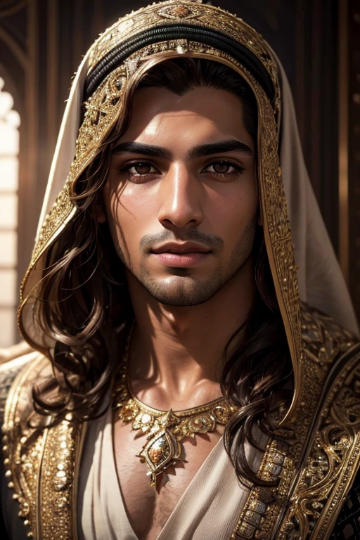 a handsome young arab man, brown hair, fair skin, beautiful detailed eyes, beautiful detailed lips, extremely detailed face, long eyelashes, portrait, high quality, photorealistic, 8k, detailed skin, dynamic pose, warm lighting, cinematic, chiaroscuro lighting, dramatic lighting, intricate details, realistic facial features, masterpiece, stunning, award-winning