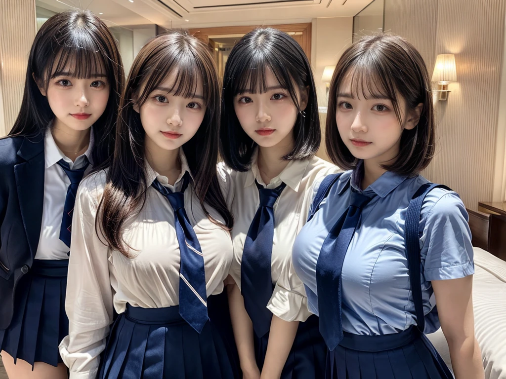 (8K, Raw photography, top-quality, ​masterpiece:1.2),  ((3 beatiful girls))、.（Realistic Skins 1.4）、（（（female high-school student、School Uniforms、）））、{{‎(The background is a luxury hotel room}}（（School Uniforms、white Cutter shirt、darkblue pleatedskirt))、（(long hair)）、((One has short hair)),（A dark-haired、The forehead is hidden by bangs、）、Black eyes、shinny skin.Beautiful delicate face、Beautiful delicate eyes、｛Voluptuous body shape、Thicker thighs｝、One piercing in each ear,((large breasts)), ((navy blue tie)) ,looking at camera, ((close up))
