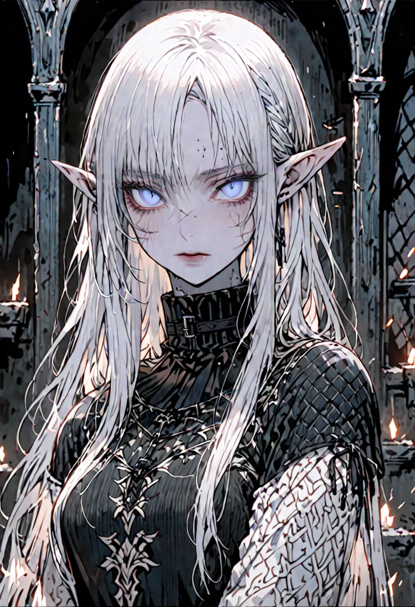 solo, female, sfw, medium shot, elf, pointed ears, pale skin, pinprick scars scarrified, white hair, collar, tall, ethereal beauty, slender, lithe frame, long hair, cold eyes, blue eyes, serene elegance, haunted expression, pattern scars, slight build, tough, fragile appearance, quiet dignity, medieval, tattered clothes, calm