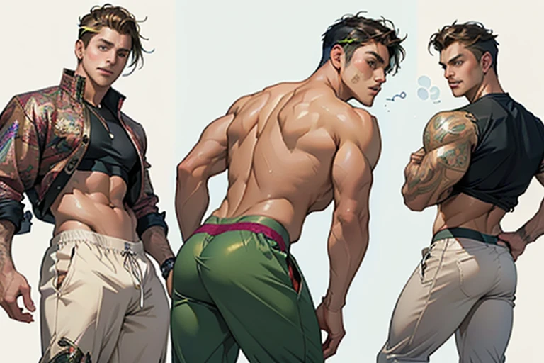 watercolor, Peter Pan examines the buttocks of a 17-year-old Brazilian boy,in lace thong panties 2 sizes smaller wearing tight sweatpants with a protruding convex codpiece. Muscular, with round, firm, perfect buttocks, Aesthetic, erotic, beautiful, in the style of Caravaggio
