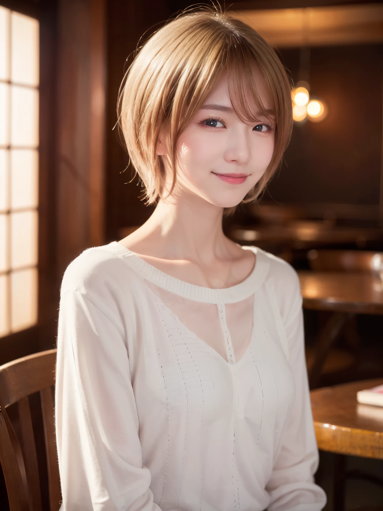 22 year old Japanese woman in casual clothes in the living room、Observe the audience、Pose with a smile(highest quality、masterpiece)))、High resolution、Very detailed、masterpiece、Cinema Lighting、(8k、highest quality、masterpiece:1.2)、(Realistic、Realistic:1.37) High resolution、Very detailed、One Girl 、Asian, cute, cute顔, alone, Blonde Short Hair1.2, Textured skin, Beautiful smile, Beautifully detailed skies, night, Cinema Lighting, Written boundary depth, Lens flare light、Sitting、date、(Blushing your nose)、(Laughter:1.15)、(Mouth closed)Small breasts、A beautiful eye for detail、(sweater:1.1)、night、(Blonde Short Hair:1.2)、Floating Hair Nova Frog Style、