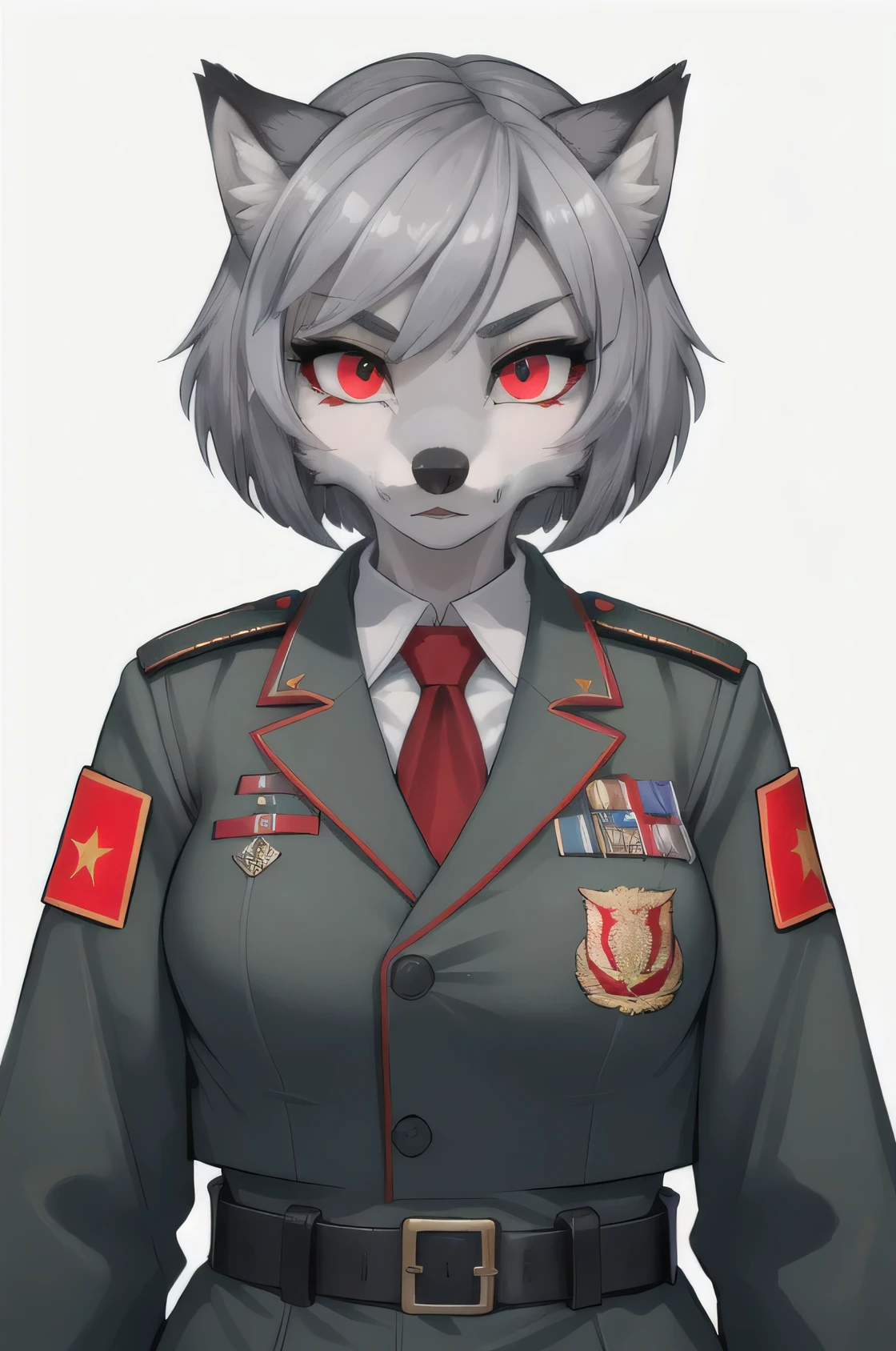 Furui female gray wolf sister has short handsome hair and the same hair color as her fur color. She has sharp eyes and wears a white shirt and a red tie. She is a soldier on duty. She wears a Soviet-style Russian Federation military uniform.