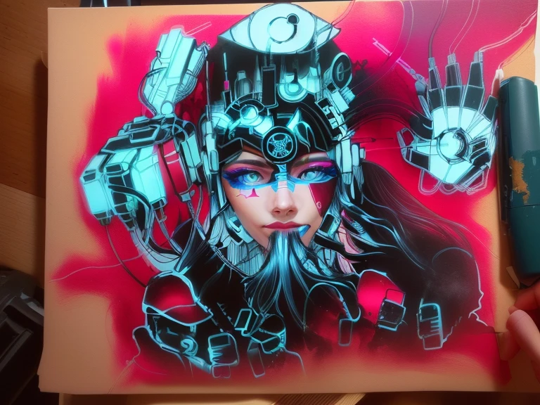 drawing of a drawing of a woman with a and a mask, ink describirs, detallado pero tosco, ink describir, entintado, describir sketch, tinta debajo del dibujo, Psychedelic Organic Cyborg, robotic anime mixed with organic, describird!!!, intense linea de trabajo, bionic exploded drawing, heavy lines, intrincado transhumano, linea de trabajo, describir, Machine parts embedded in the face