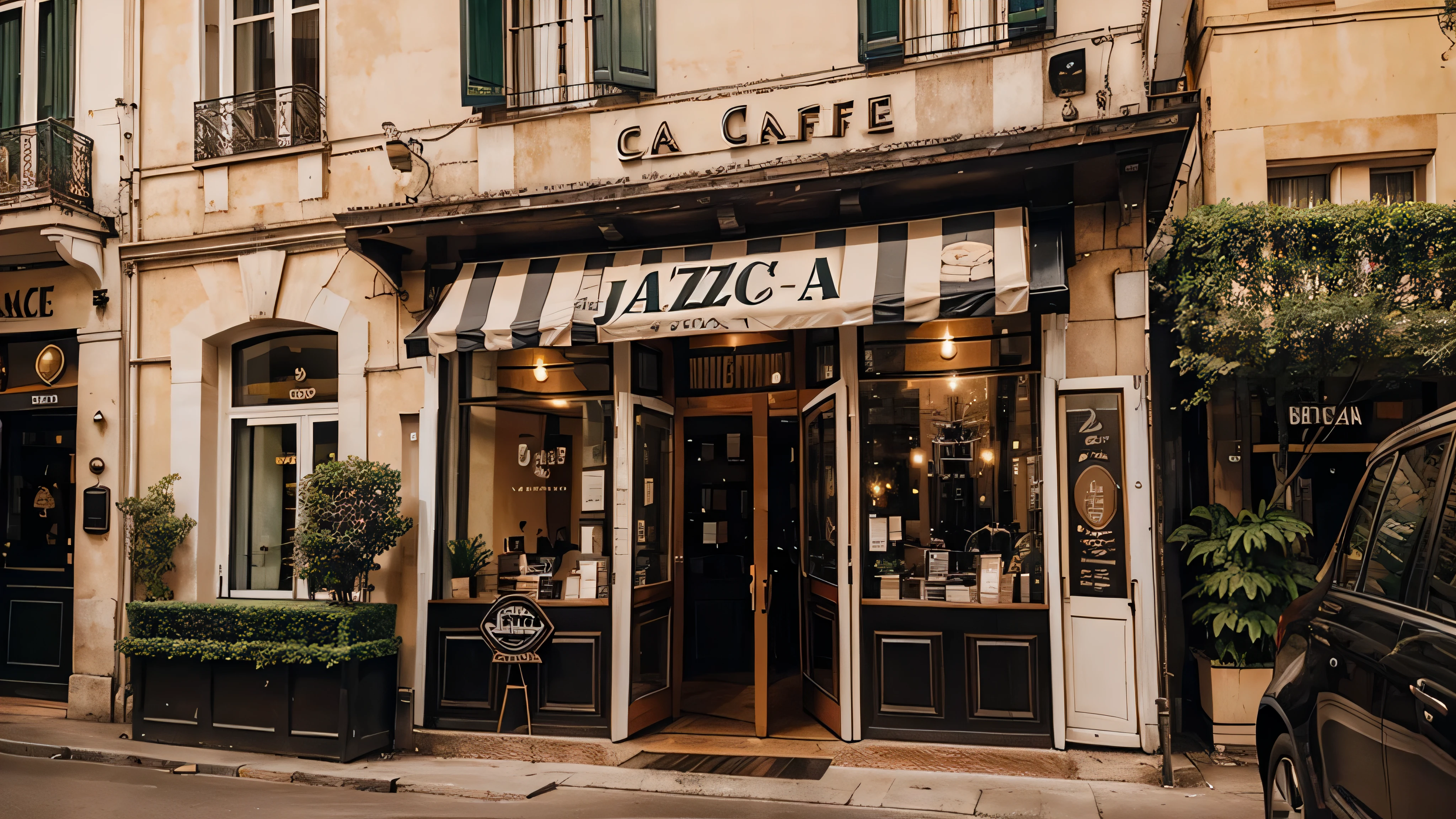 Entrada de un cafe grande y elegante con tematica de jazz