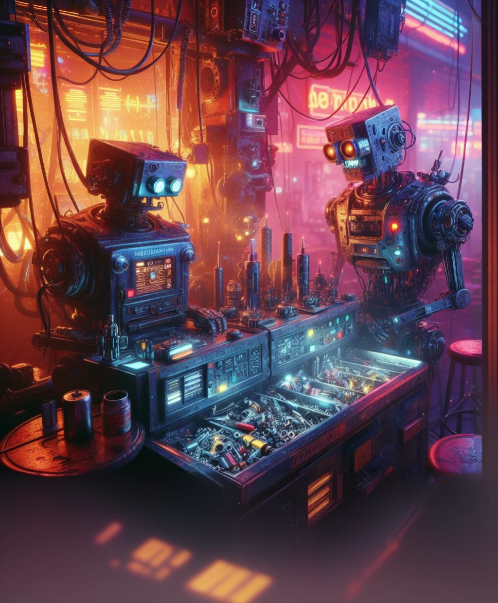a close up of two robots standing in a room with a bar, hyper-realistic cyberpunk style, cyberpunk art ultrarealistic 8k, cyberpunk atmosphere, cyberpunk setting, like a cyberpunk workshop, futuristic cyberpunk scenario, cyberpunk aesthetics, cyberpunk art style, cyberpunk vibes, cyberpunk style , hyperrealistic, cyberpunk in a cyberpunk city, detailed cyberpunk illustration, cyberpunk machine