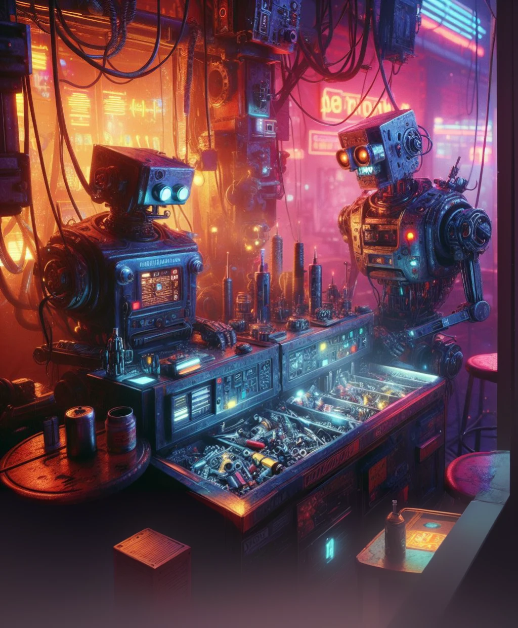 a close up of two robots standing in a room with a bar, hyper-realistic cyberpunk style, cyberpunk art ultrarealistic 8k, cyberpunk atmosphere, cyberpunk setting, like a cyberpunk workshop, futuristic cyberpunk scenario, cyberpunk aesthetics, cyberpunk art style, cyberpunk vibes, cyberpunk style , hyperrealistic, cyberpunk in a cyberpunk city, detailed cyberpunk illustration, cyberpunk machine