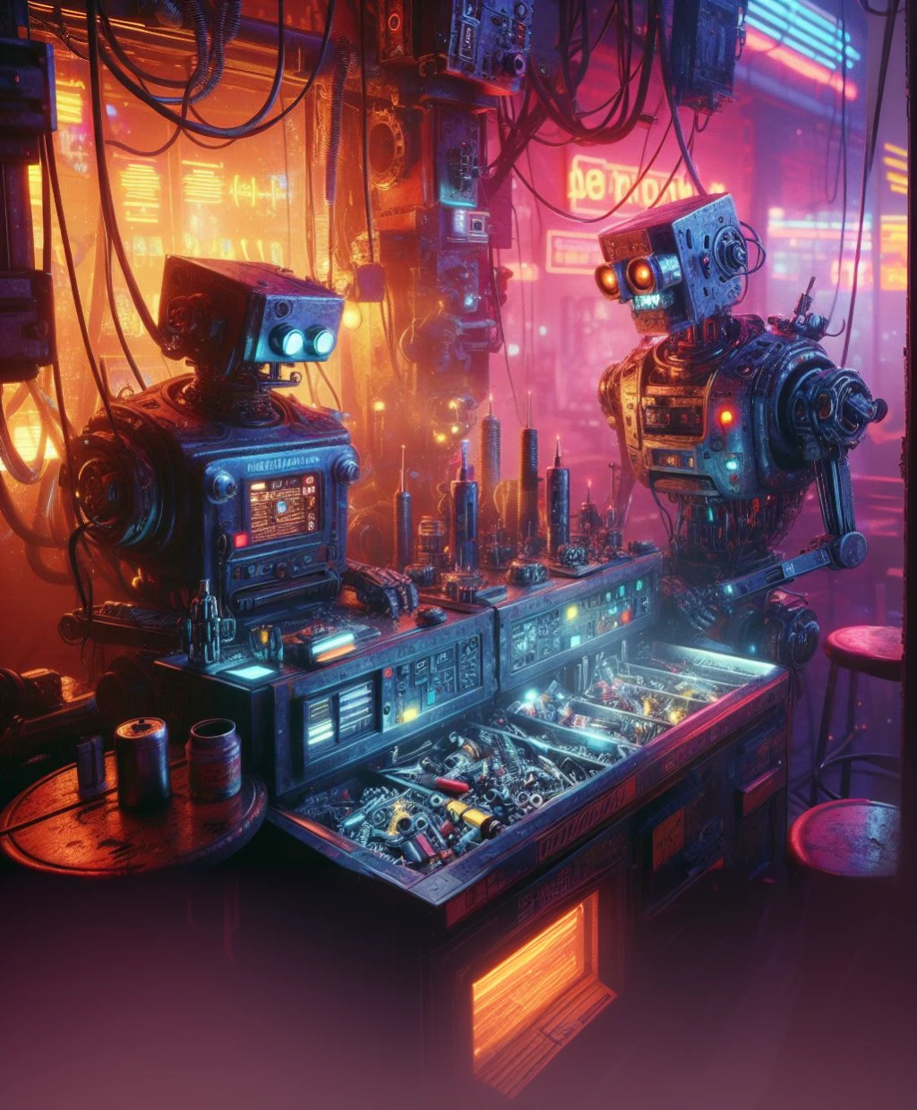 a close up of two robots standing in a room with a bar, hyper-realistic cyberpunk style, cyberpunk art ultrarealistic 8k, cyberpunk atmosphere, cyberpunk setting, like a cyberpunk workshop, futuristic cyberpunk scenario, cyberpunk aesthetics, cyberpunk art style, cyberpunk vibes, cyberpunk style , hyperrealistic, cyberpunk in a cyberpunk city, detailed cyberpunk illustration, cyberpunk machine