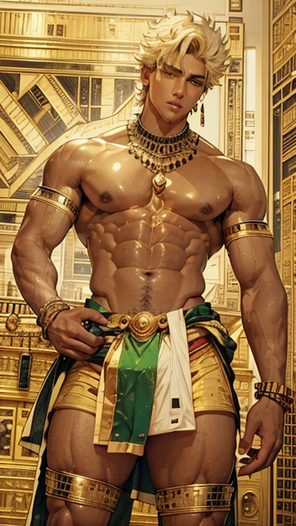 High Art - Portrait of Apollo, god of love and beauty. ! His beauty is incredible . body structure - perfection ! Handsome young man . naked. only a loincloth . perfect chest muscles and big nipples on the chest . Emerald eyes . blonde hair ,on the neck there is a gold chain with a sparkling pendant and on the hand there is a sparkling bracelet. In the Golden Palace ! top quality.