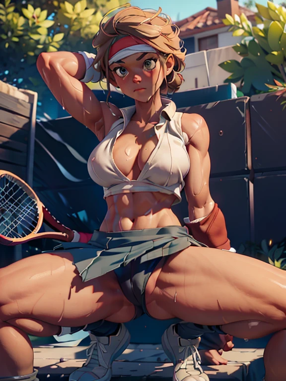 tennis girl's massive nipples out of topless vest out bare and wet pants spreading her legs, gloved hands hidden behind head, blindfold