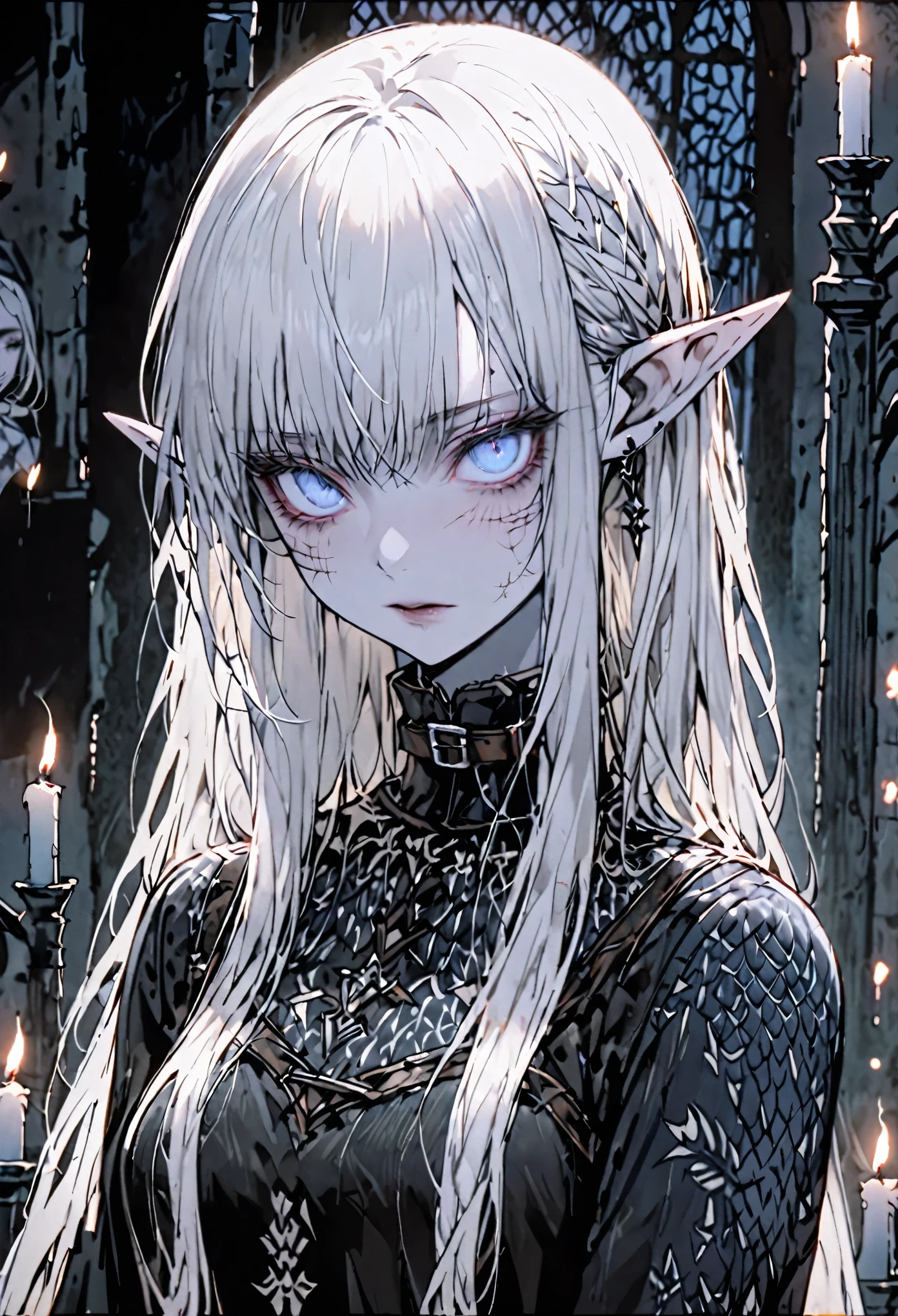 solo, female, sfw, medium shot, elf, pointed ears, pale skin, innumerable pinprick scars, scarified, white hair, leather collar, tall, ethereal beauty, slender, lithe frame, long hair, cold eyes, blue eyes, serene elegance, haunted expression, patterned scars, slight build, tough, fragile appearance, quiet dignity, medieval, tattered clothes, calm, night, candle