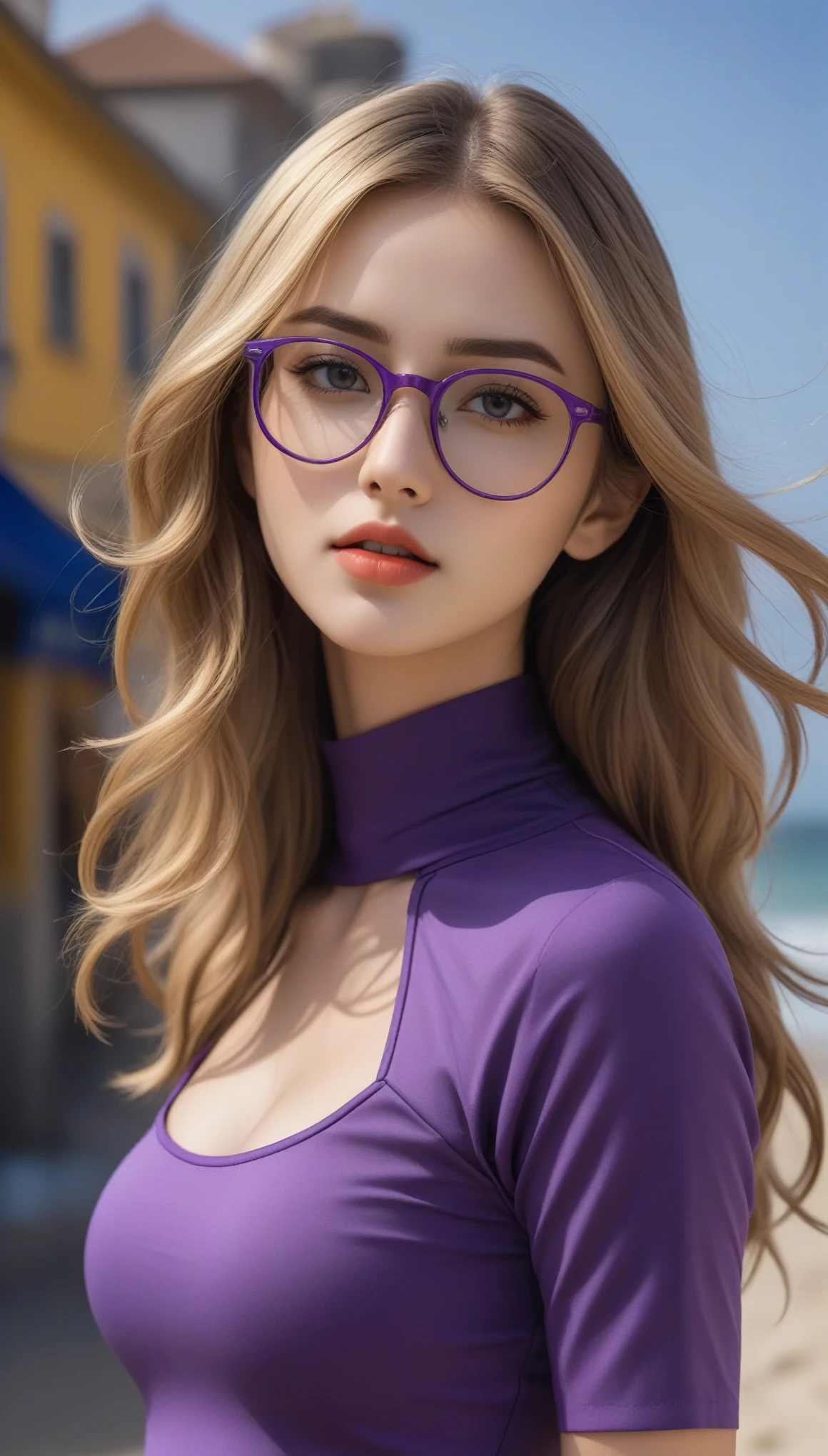 (masterpiece, professional photo:1.2), (8k, high resolution), women, European, 20age, (straight twirly hair (dark blonde)), sexy curve, beautiful face, ultra detail eyes, (glasses:1.1), (close mouth:1.2), small breast, (breast grab:1.1), (safety shorts purple:1.2), (yellow high neck:1.2), sexy goddess, street, old beach side build, high quality image, half body photo