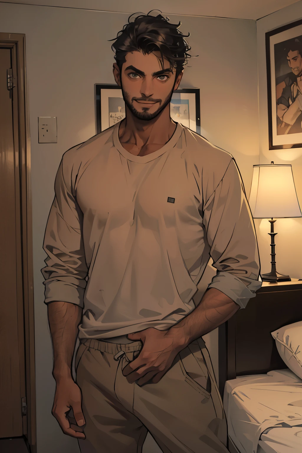one male, a male, 18 years old, mixed race, black hair, short wavy hair, wavy hair, short stubble beard, brown eyes || grey baggy shirt, grey sweatpants, loafers, bulge on crotch region || grinning, looking into camera, grabbing crotch || dark bedroom, dimly lit room, lamp light, warm lights, window on background, night
