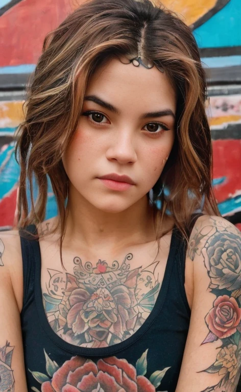 1girl, upper body, realistic, intricate, looking at viewer, masterpiece, detailed face, realistic hair, body covered in vibrant tattoos, detailed background, aesthetic, rebellious and expressive