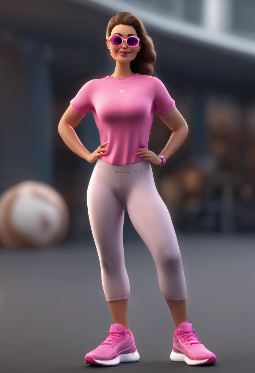 Cartoon character of a woman in gold glasses and pink workout clothes with pink sneakers, an animated character, Stylized character, animation style rendering, 3D stylized, Claudia Regina Benaim render, 3 d stylized render, toon render keyshot, Character 3D, 3D Character, 3d rendering stylized, 3 d character render, cartoon character, Close up character, Character pose, (Pixar style) (master part:1.2) (Bokeh) (best quality) (detailed skin