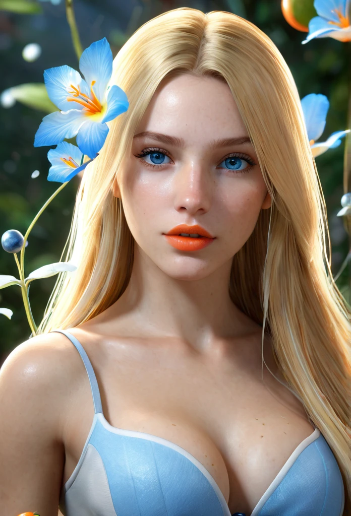 (photorealistic:1.7), (Stylish pose), (sharp focus), full body, from side, (((extremely detailed Cryengine, Ubisoft)) 4HDk,, ((A girl with long blonde hair and blue eyes and orange colored lips)) bend over a Blue Fruit surrounded by blue pryflies inside a white flower with white large petals
