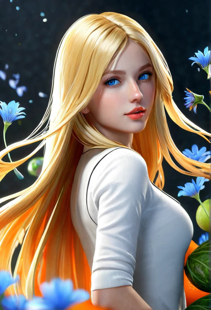 (photorealistic:1.7), (Stylish pose), (sharp focus), full body, from side, (((extremely detailed  Cryengine, Ubisoft)) 4HDk,, ((A girl with long blonde hair and blue eyes and orange colored lips)) bend over a Blue Fruit surrounded by blue pryflies inside a white flower with white large petals