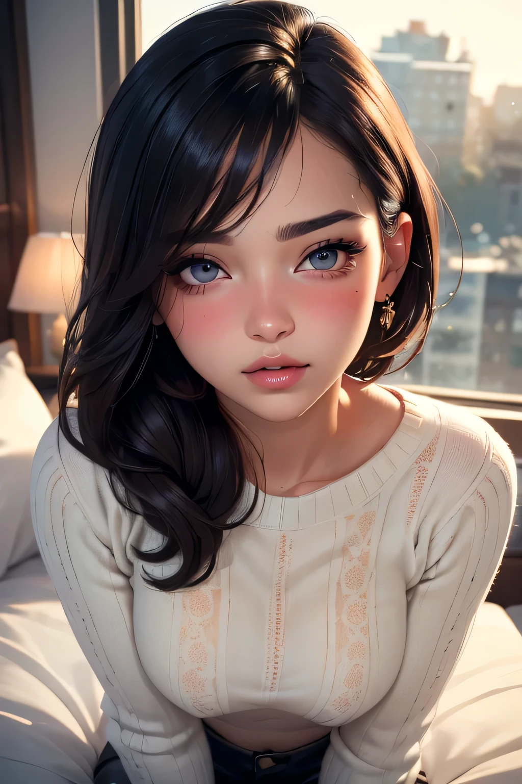 (best quality, ultra-detailed, realistic:1.37),beautiful detailed eyes,beautiful detailed lips,long eyelashes,perfectly styled hair,gorgeous makeup,sexy seductive gaze,intense blushing,sensual appearance,oversized sweater,natural light,window,beautiful face,bed,pillow,viewer.