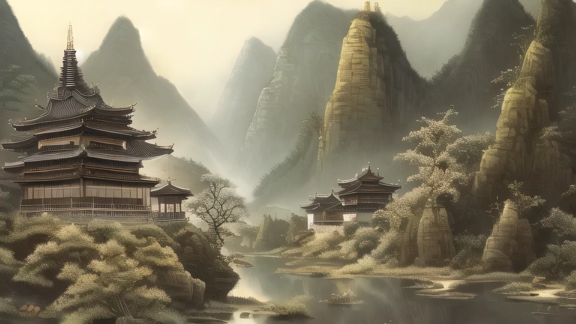 UIASM,tree,scenery, Ancient Style Oil Painting, Mountain, Wood, Water, Chinese Architecture,sun,building,people,animal, masterpiece, best quality, highres,Chinese girl,wind human village, villagers dance