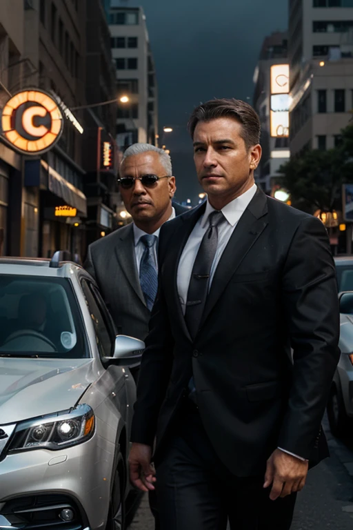 Businessman being escorted by a VIP security agent. Both are about to enter an SUV on a busy street after the businessman leaves his office, grey hair, Art Deco, depth of field, high quality, HD