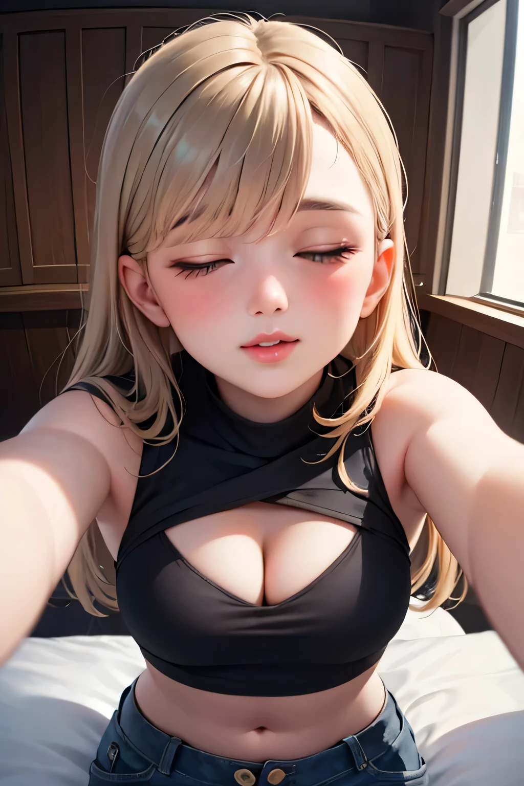 (best quality,4k,8k,highres,masterpiece:1.2),ultra-detailed,(realistic,photorealistic,photo-realistic:1.37),portraits,beautiful detailed eyes,beautiful detailed lips,extremely detailed eyes and face,long eyelashes,detailed olive green crop top and white cargo pants,sexy seductive gaze,soft parted lips,intense blushing with a smile,black luscious long straight hair,perfect body,medium chest with cleavage,resting on a bed with a pillow,viewer-facing perspective,harmonious lighting,colorful and vibrant tones.