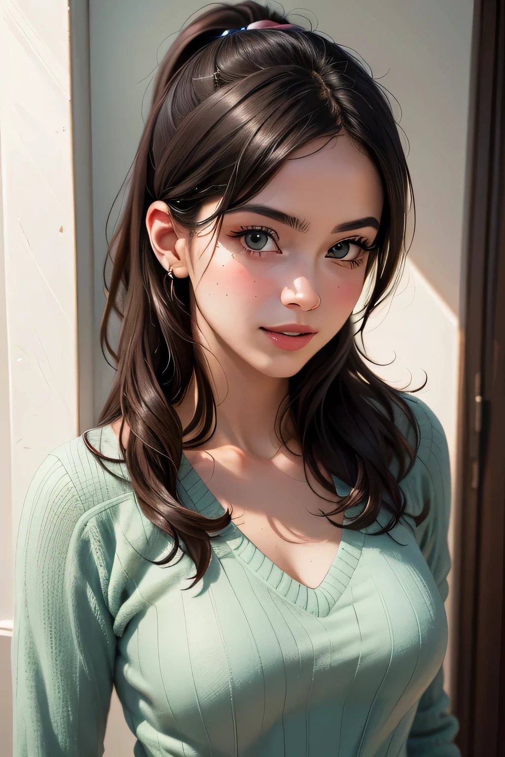 (best quality,highres,masterpiece:1.2),ultra-detailed,(realistic,photorealistic,photo-realistic:1.37),portraits,vivid colors,beautiful detailed eyes,beautiful detailed lips,elegant pose,dark green sweater,cream cargo pants,long black hair,cute ponytail,soft lips,blushing intensely,smiling, seductive gaze,medium chest,perfect body,shadows and highlights,vibrant lighting