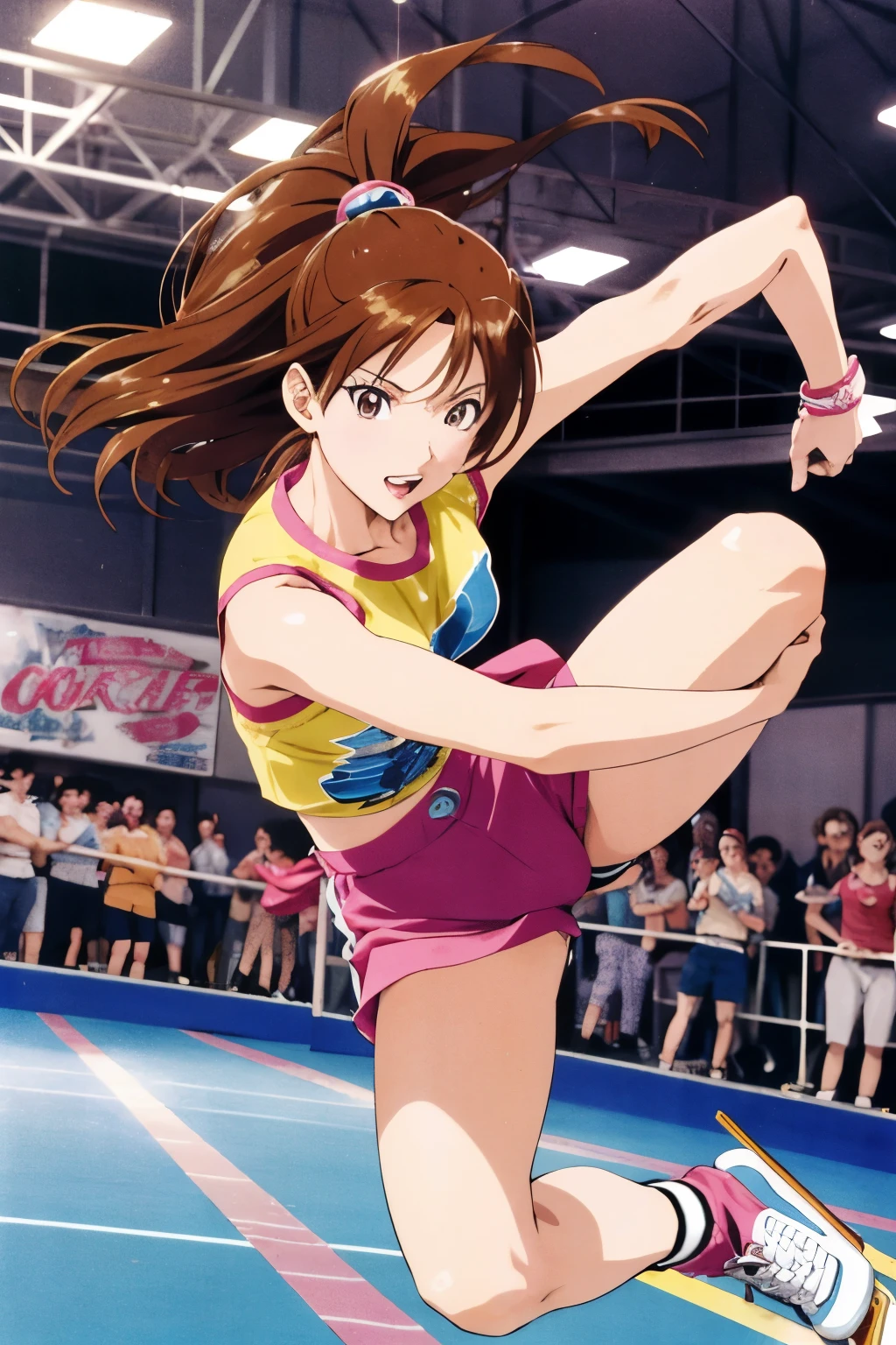 Anime-style image of an adult female with brown hair skating backwards in a full crowd, crowded with other skaters, action, exciting, The scene is set in a vibrant indoor roller rink with a disco atmosphere, capturing the lively essence of 1997 with influences from Masashi Ikeda.