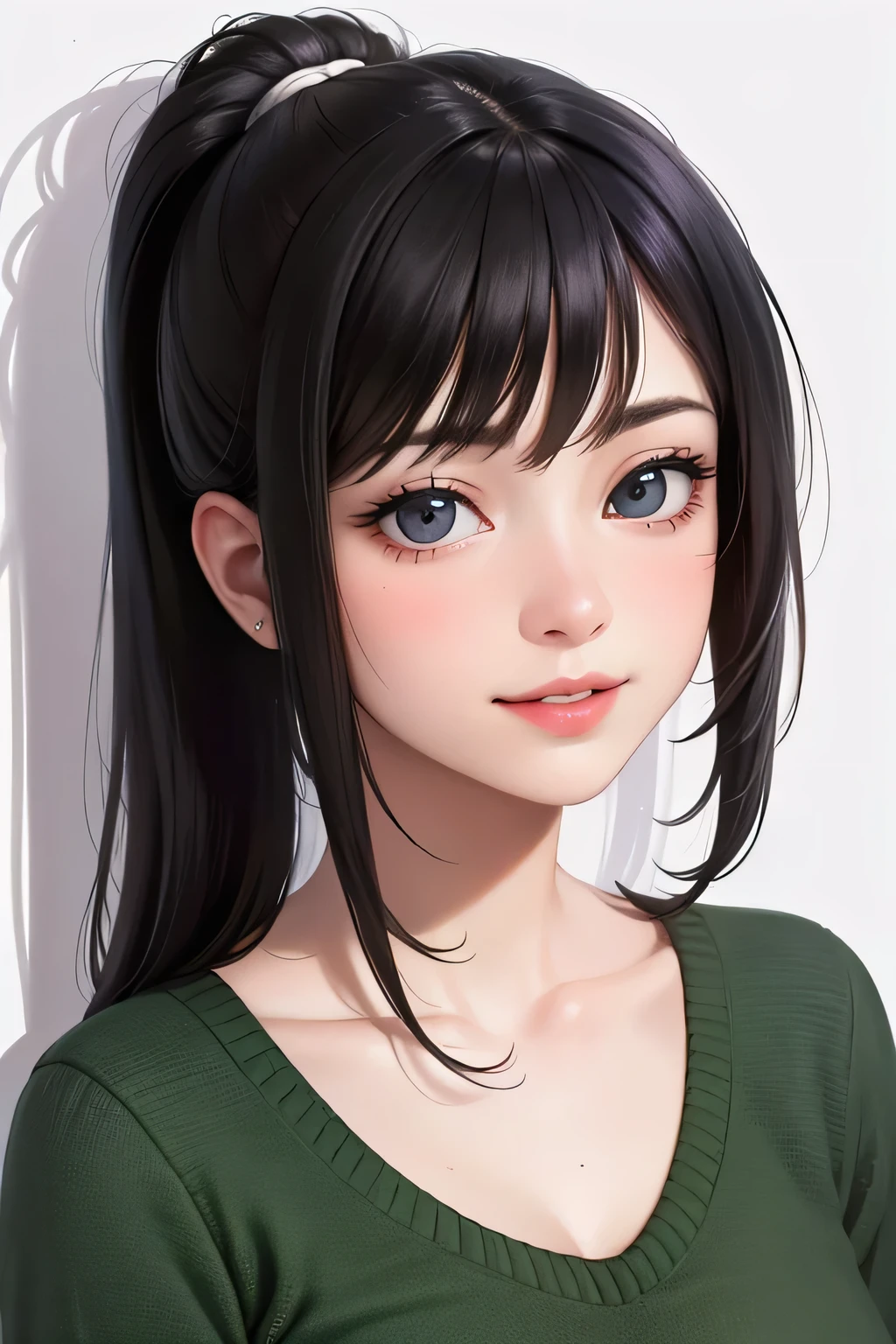 (best quality,highres,masterpiece:1.2),ultra-detailed,(realistic,photorealistic,photo-realistic:1.37),portraits,vivid colors,beautiful detailed eyes,beautiful detailed lips,elegant pose,dark green sweater,cream cargo pants,long black hair,cute ponytail,soft lips,blushing intensely,smiling, seductive gaze,medium chest,perfect body,shadows and highlights,vibrant lighting