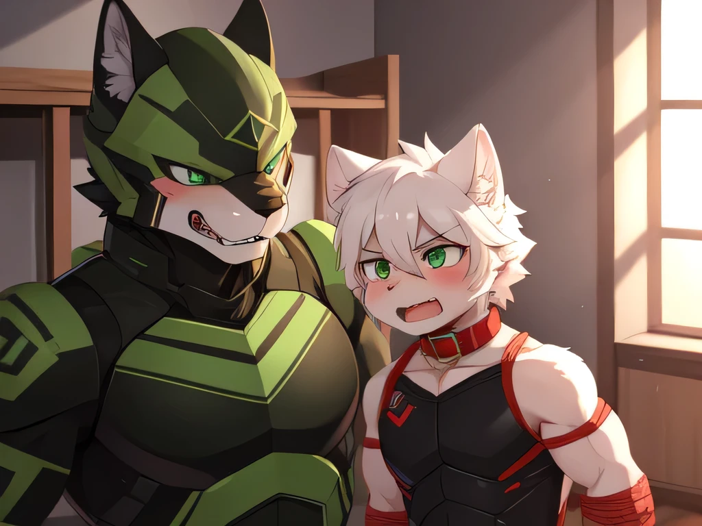 （A white wolf），Roaring angrily，blush，Future Warrior，Black and green battle suit，Green eyes，（Single），Collar，muscle，Shota，（Constraints），Handcuffs，Red rope tied limbs，Room，captivity。