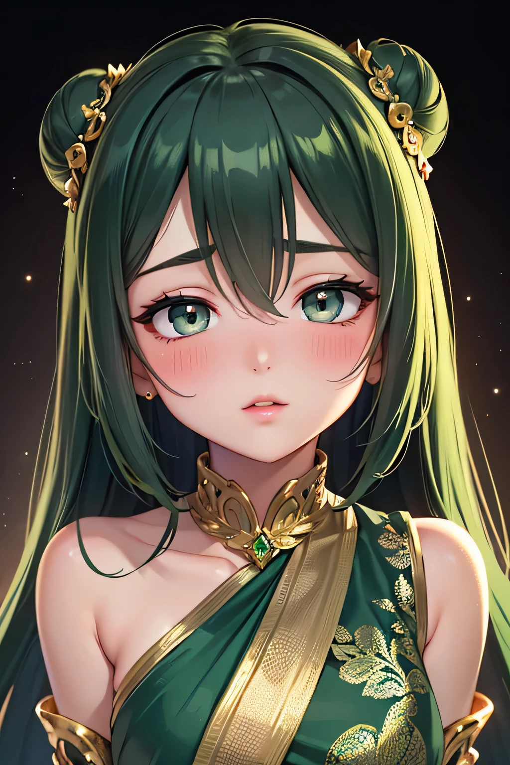 (best quality,ultra-detailed),portrait,sexy woman,beautiful face,detailed eyes and eyebrows,long eyelashes,emerald jewellery,grey eyes,fair skin,intense blushing,glossy lips parted,dark green blouse,dark green saree,gold patterns,emphasizing face,bun hairstyle