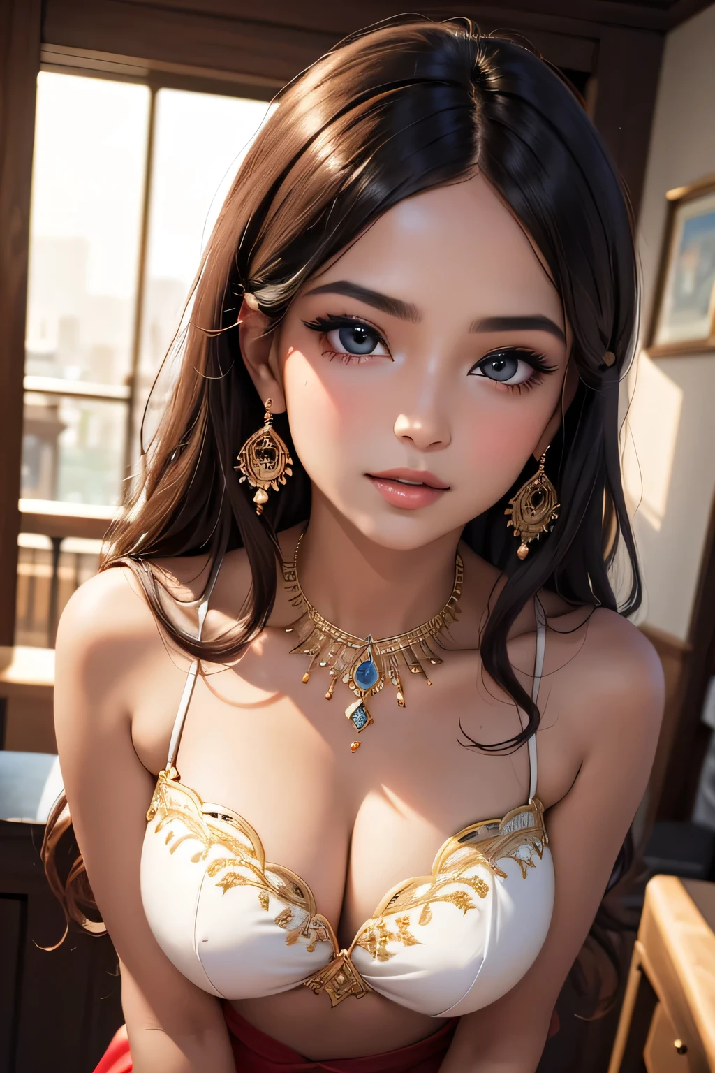 (best quality, 4k, 8k, highres, masterpiece:1.2), ultra-detailed, realistic:1.37, professional, stunning red saree, beautiful face and eyes, luscious long hair, graceful pose, vibrant colors, portrait, Indian beauty, detailed fabric folds, alluring expression, soft and natural lighting, rich textures, intricate jewelry, mesmerizing gaze, captivating smile, flawless skin, elegant makeup, confident and empowering, traditional yet modern, exuding charm and glamour.