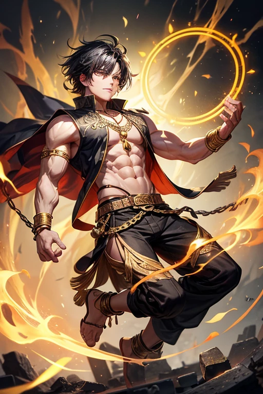 Li Shang, 20 years old, short dark golden black hair, short messy hair, dark black eyes, djinn clothing, light gray sleeveless open vest, light silver vest with golden Arabic print, light silver Arabic pants, golden belt , djinn bracelet with silver gems, brown boots, phosphorescent red tattoos, surrounded by fire and yellow smoke, delegate muscular build, hands tied with chains and feet surrounded by white chains, golden magic circles on each hand on a background of ruins Arabs.