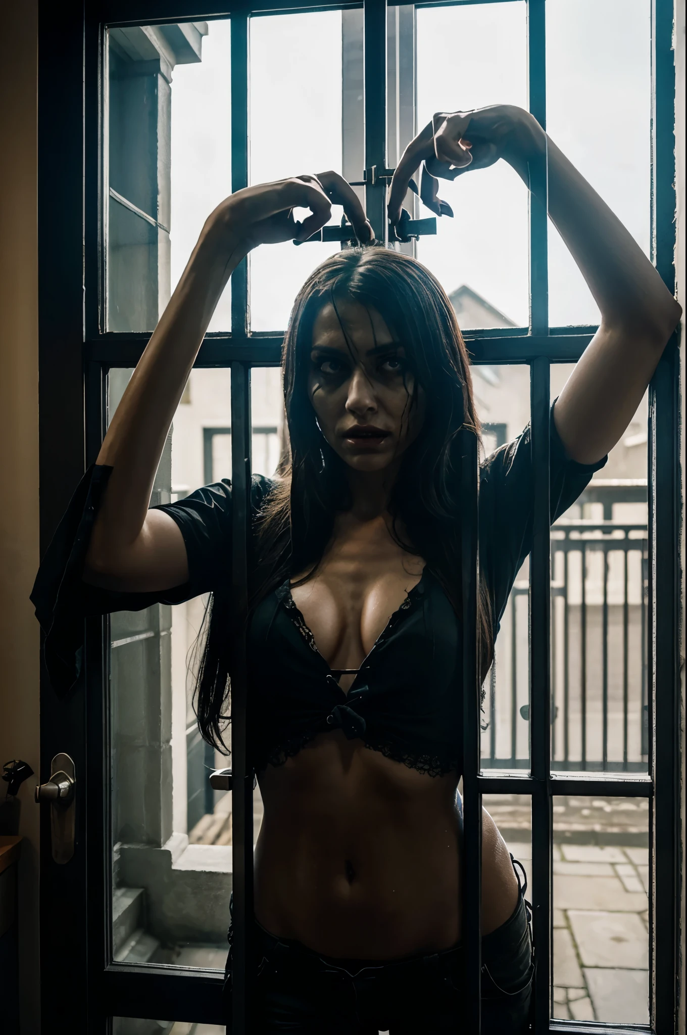 interior view of outside stainding zombie lady touching a window with bars, high octaine, high detail, hyper realistic, masterpice