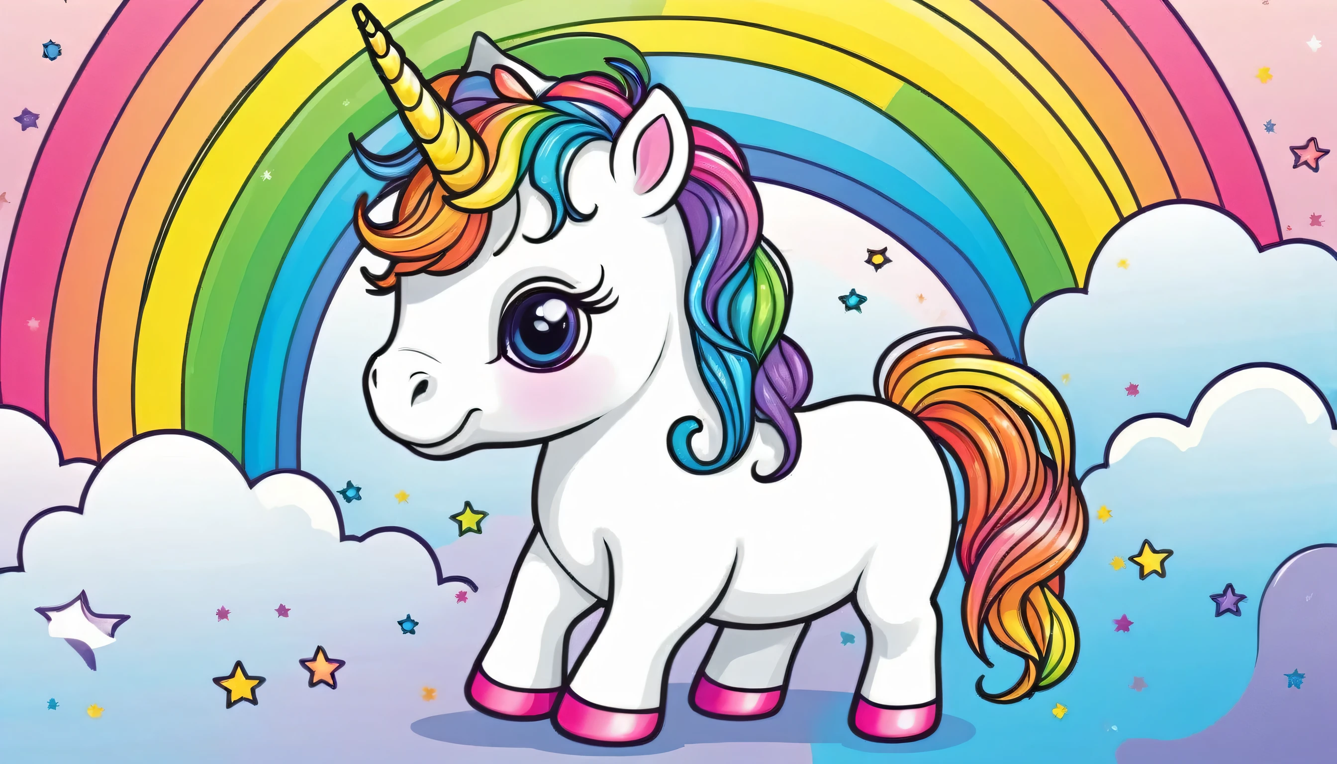 colorful Line drawing, Baby Unicorn, outline, line art, coloring book, 2d, cartoon character, rainbow background, 4k