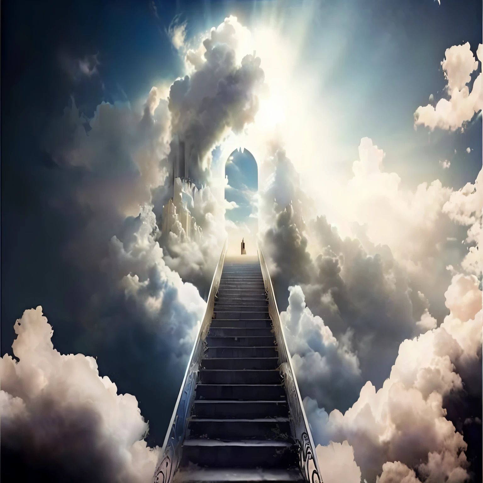Staircase leading to a bright sky with clouds, stairway to Paradise, she is approaching Paradise, stairs from hell to Paradise, taking to heaven, Paradise gate, Paradise!!!!!!!!, she is arriving Paradise, Paradise in the top, descending from the Paradises, Paradises gate, levando a um lindo, esoteric equation Paradise, gates of Paradise, the gates of Paradise