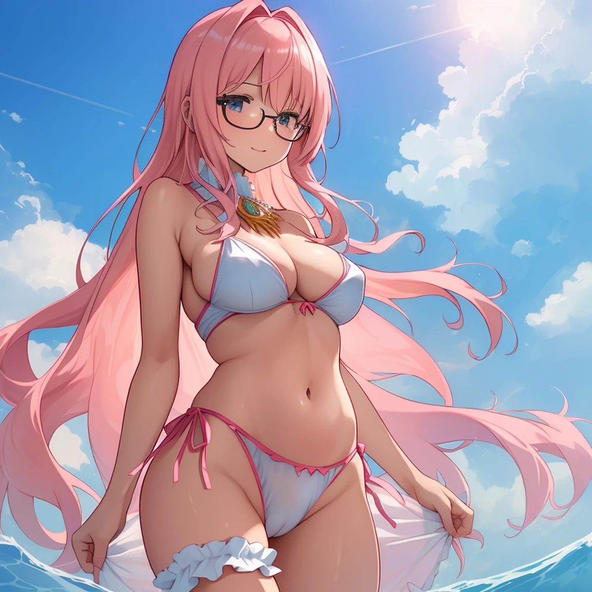 (masterpiece, best quality:1.2), cowboy shot, (solo), (1girl):1.5, glasses, long fluffy pink hair, hair blowing, gorgeous body, wide hips, slight smile, (sexy tranparent swimswit), navel exposed, belly, gorgeous mid breasts, pink breasts niples, (cameltoe), wet body and clothes