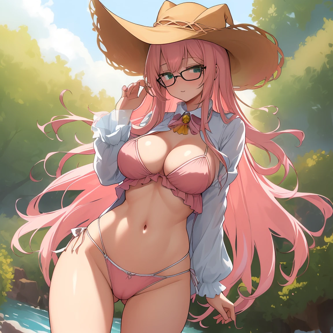 (masterpiece, best quality:1.2), cowboy shot, (solo), (1girl):1.5, glasses, long fluffy pink hair, hair blowing, gorgeous body, wide hips, slight smile, (sexy tranparent swimswit), navel exposed, belly, gorgeous mid breasts, pink breasts niples, (cameltoe), wet body and clothes