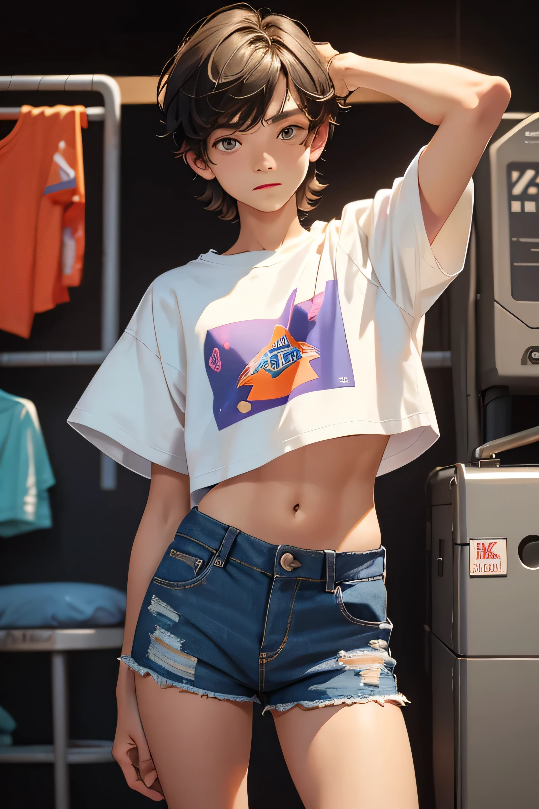 Teen boy-model 14 years old, boy wears a crop shirt and too very short mini shorts, beautiful legs, hot summer, highest quality,